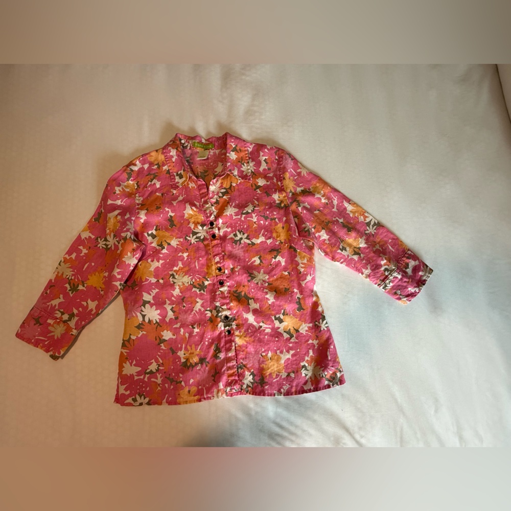 Sigrid Olsen 3/4 Sleeve Top Large Pink Orange Floral Linen Split Neck High Low - Picture 11 of 16
